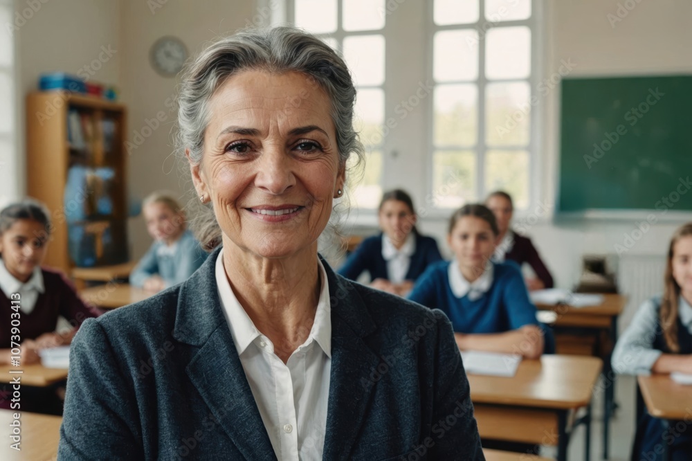 Close portrait of a smiling senior Albanian female elegant school teacher standing and looking at the camera, indoors almost empty primary school classroom blurred background Close portrait of a smiling senior Albanian female elegant school teacher standing and looking at the camera, indoors almost empty primary school classroom blurred background