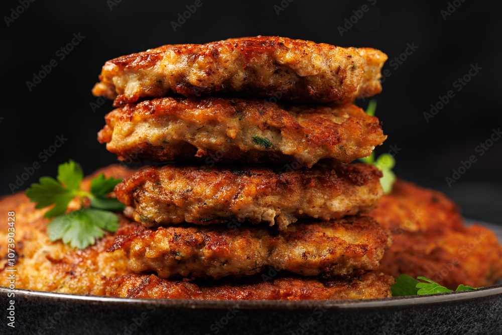 Chicken fritters or cutlets stack with cheese and herbs Chicken fritters or cutlets stack with cheese and herbs