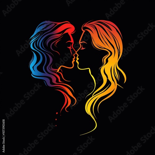 Two women with long hair kissing each other