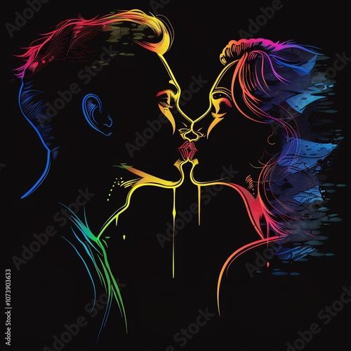 A man and woman are kissing in a colorful, abstract style
