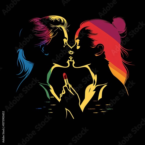 Two women kissing and holding a red lipstick