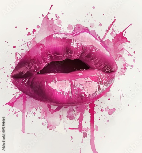 A close up of a pink lip with a splash of pink paint on it