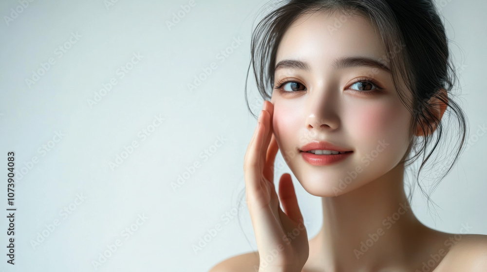 A woman smiling while gently touching her cheek in a soft-lit room during the afternoon, showcasing a radiant and healthy complexion A woman smiling while gently touching her cheek in a soft-lit room during the afternoon, showcasing a radiant and healthy complexion