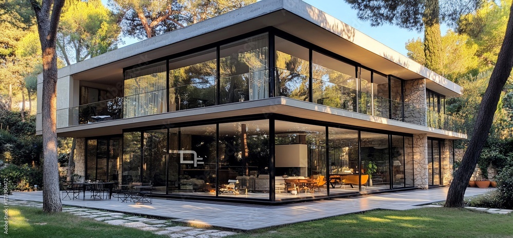 Modern house with large windows and patio in a garden setting. Modern house with large windows and patio in a garden setting.