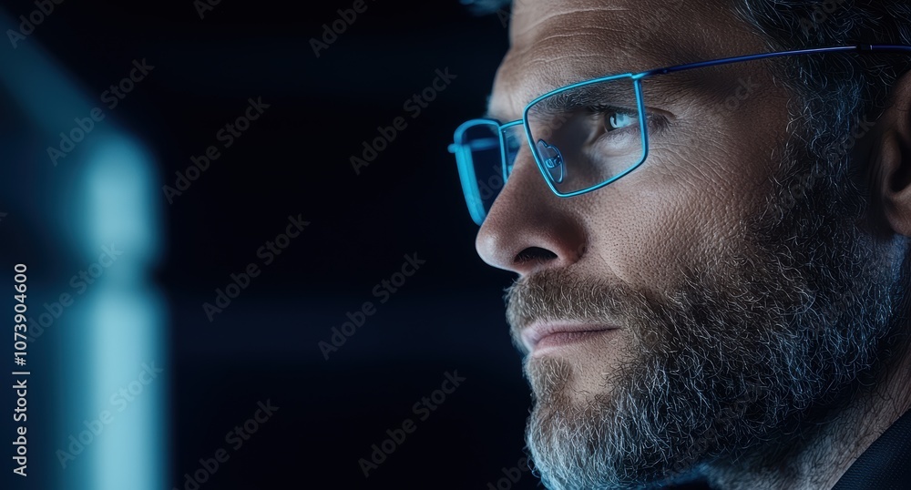 Bearded man with glasses staring intently at a computer screen Bearded man with glasses staring intently at a computer screen