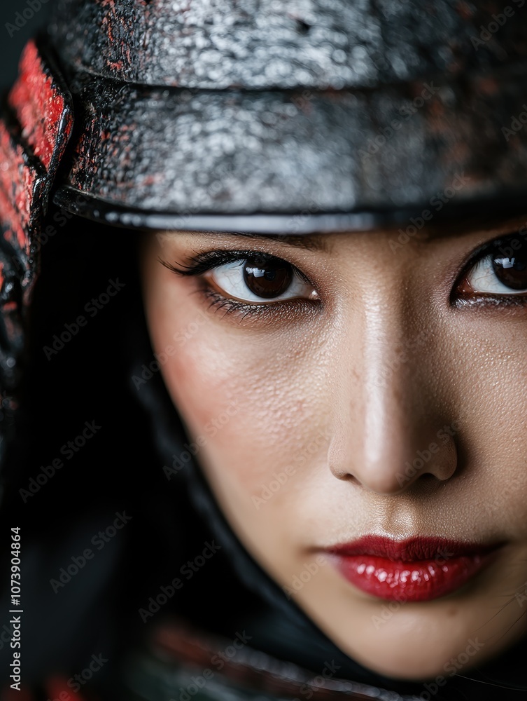 close-up portrait of a woman wearing a black and red headscarf close-up portrait of a woman wearing a black and red headscarf