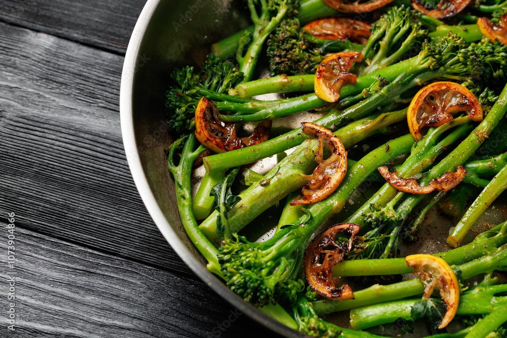 Tenderstem broccoli and charred lemon served in stainless steel frying pan Tenderstem broccoli and charred lemon served in stainless steel frying pan