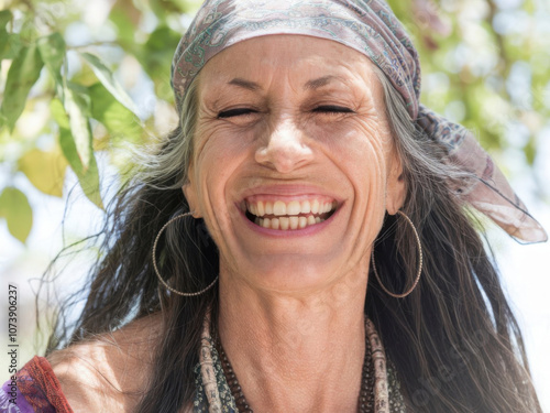 Mujer bohemia madura con los ojos cerrados, sonriendo ampliamente y disfrutando del día soleado
 photo