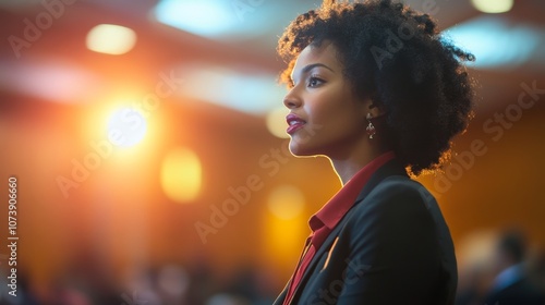 Thoughtful woman in a professional setting with warm lighting