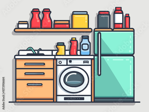 Kitchen interior with fridge, stove and oven. Vector illustration.