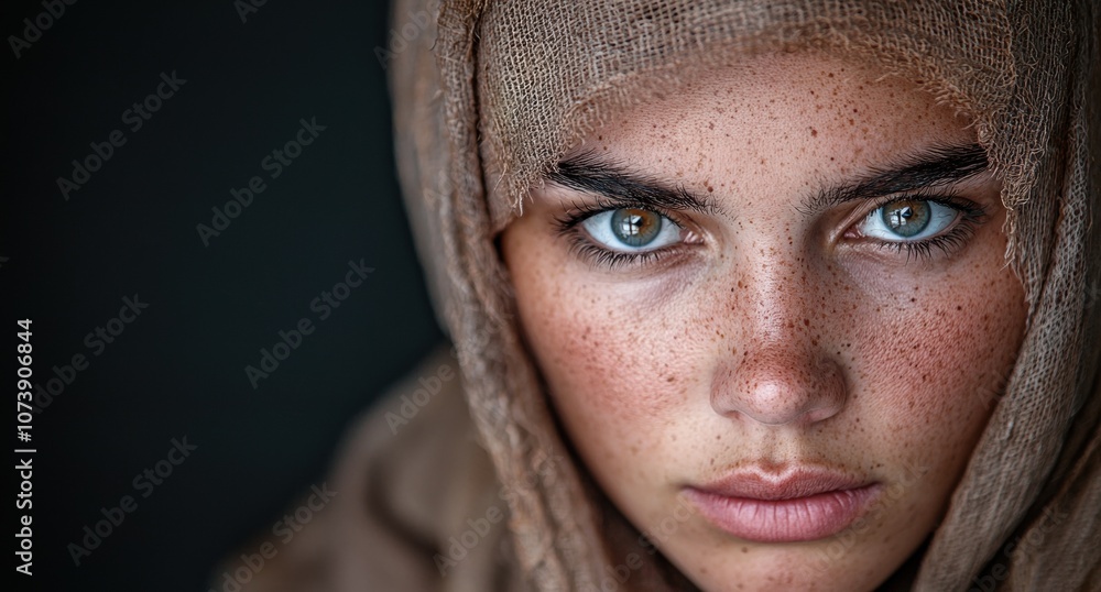 Piercing gaze of a young woman with freckles Piercing gaze of a young woman with freckles