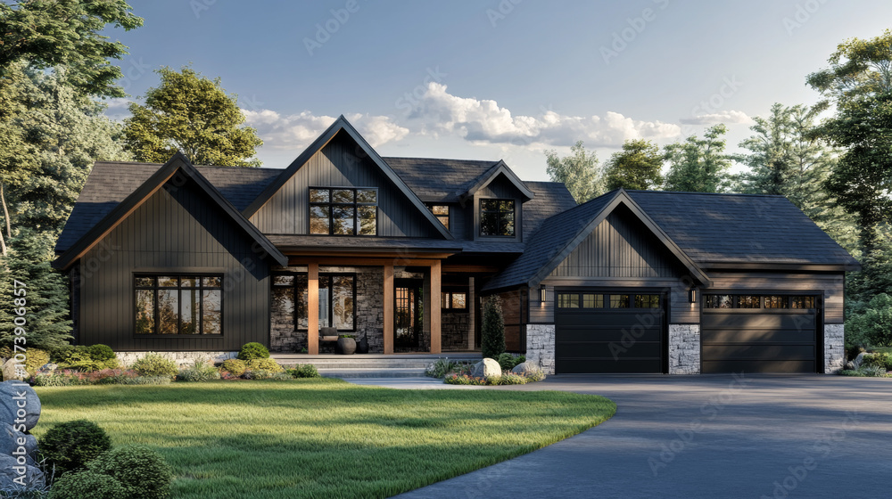 A 3D render of a modern design house featuring clean lines, large windows, and an open-plan layout. A 3D render of a modern design house featuring clean lines, large windows, and an open-plan layout.