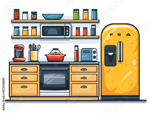 Kitchen interior with fridge, stove and oven. Vector illustration.
