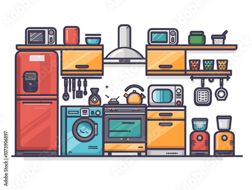 Kitchen interior with fridge, stove and oven. Vector illustration.