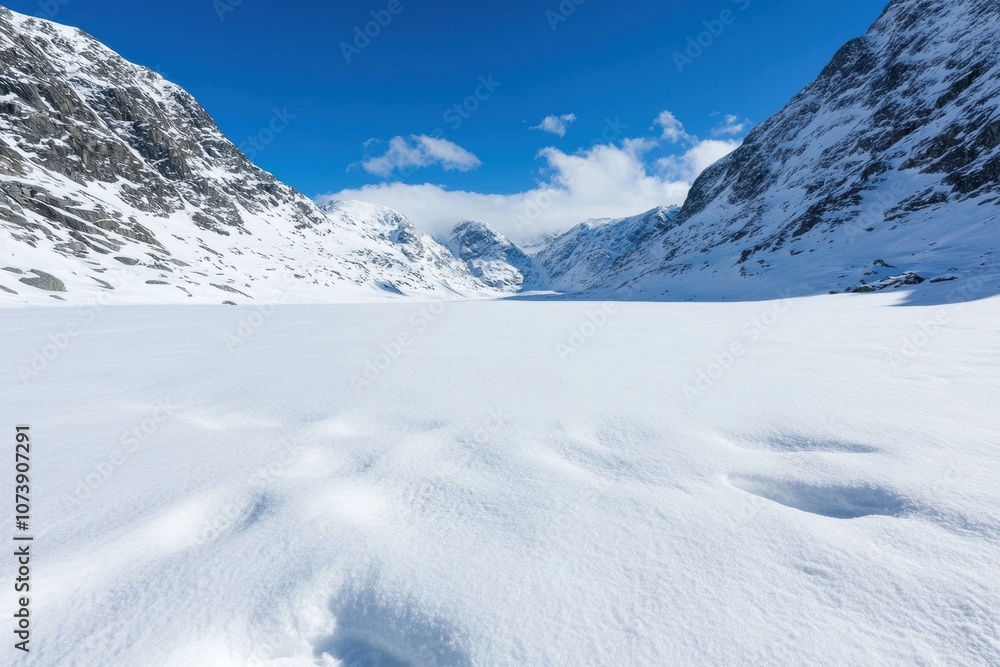 Breathtaking snowy mountain landscape with frozen lake Breathtaking snowy mountain landscape with frozen lake