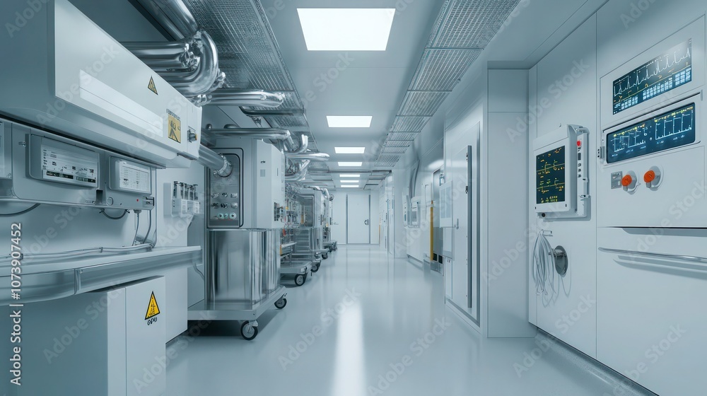 A hospital mechanical room with advanced ventilation systems, clean white walls and organized controls ensuring smooth operation. A hospital mechanical room with advanced ventilation systems, clean white walls and organized controls ensuring smooth operation.