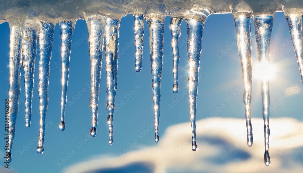 shining icicles hanging from above in the sun rays - frosty winter background shining icicles hanging from above in the sun rays - frosty winter background