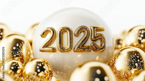 Happy New Year 2025 celebration, metallic Golden Yellow foil color balloons. Extend warm wishes for a Happy New Year and Merry Christmas isolated on a white background.