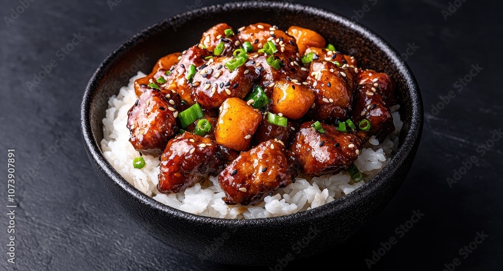 Delicious asian-inspired rice bowl with glazed chicken and vegetables Delicious asian-inspired rice bowl with glazed chicken and vegetables