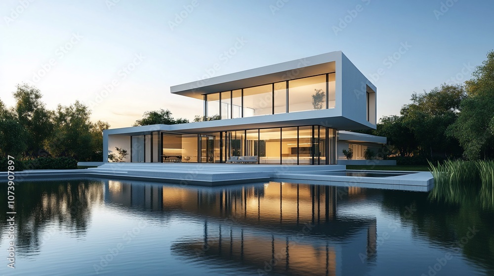 Modern white house with large windows and a pool reflecting the sunset. Modern white house with large windows and a pool reflecting the sunset.