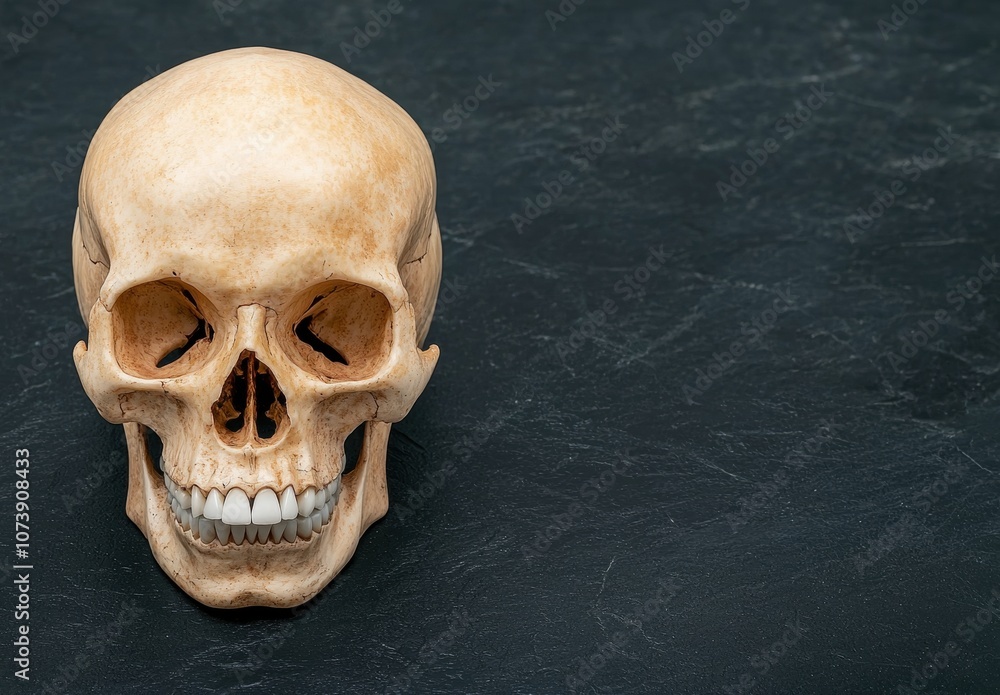 Fototapeta premium Realistic human skull on dark background