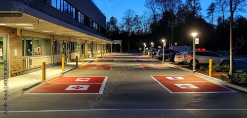 A hospital parking area with clearly marked emergency spots, well-lit and neatly organized for patient safety.