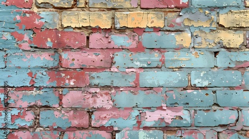 Vintage brick wall with peeling pink and blue paint. Rustic aged texture background