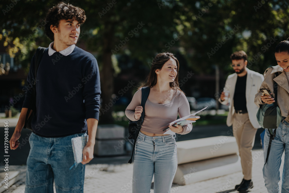 Obraz premium A diverse group of college students walking with a professor on campus, enjoying a sunny day. They carry books and bags, engaging in casual conversation and laughter, showcasing a vibrant academic