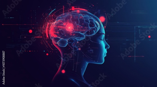 Futuristic illustration showcasing a glowing brain and digital elements