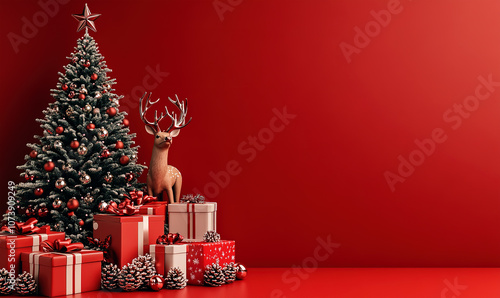 Christmas tree with pine cones and reindeer on a red background