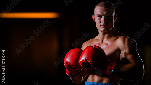 White male boxer or fighter, copy space, sad or serious expression photo