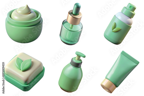 Vegan natural cosmetics products 3d icons set. Self skin care concept