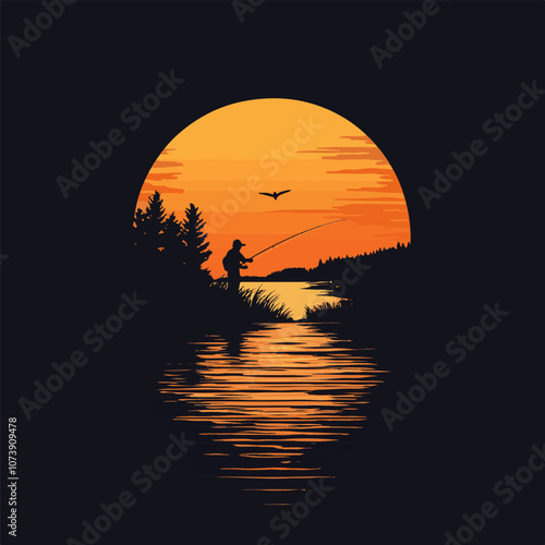 fishing logo black silhouette angler design and outdoor sunset
