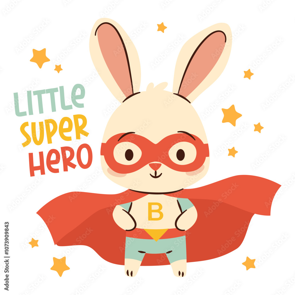 Naklejka premium Cute bunny in superhero costume, stars and Little Super Hero lettering. Cute character on white background in children's style . Vector illustration