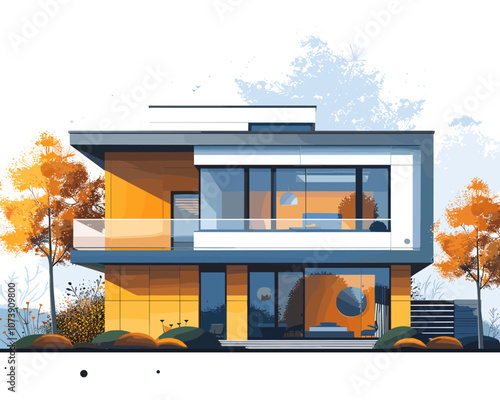 Large, modern house with a lot of glass windows and a balcony. The house is painted in a bright orange color, giving it a warm and inviting feel. The exterior of the house is surrounded by trees