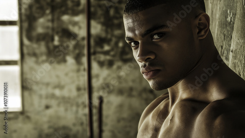 Black male boxer or fighter, copy space, serious expression photo