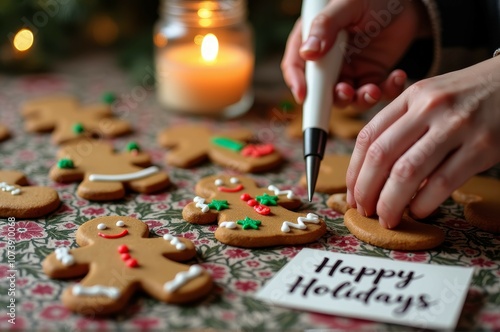 Cozy christmas scene with gingerbread cookie decorating and candlelight for holiday joy