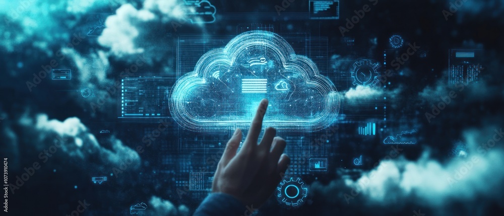 Obraz premium A hand interacts with a digital cloud interface and data symbols.