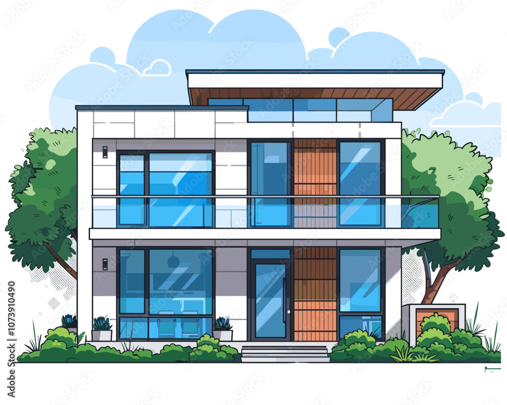 Large white house with a green tree in front of it. The house has a lot of windows and a balcony Large white house with a green tree in front of it. The house has a lot of windows and a balcony