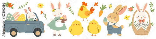 Set of flat vector illustrations in children's style on the theme of Easter holidays. Cute bunnies on a truck, chickens Easter eggs daisies and plants. Vector illustration