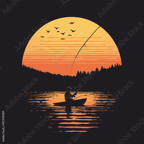fishing logo black silhouette angler design and outdoor sunset