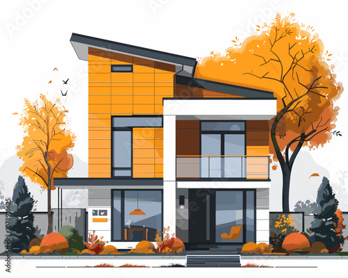 Large orange house with a white roof and a balcony. The house is surrounded by trees and bushes