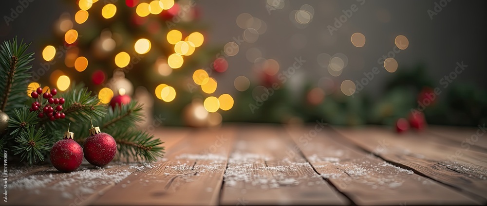 empty christmas table background with christmas tree out of focus for product display montage empty christmas table background with christmas tree out of focus for product display montage