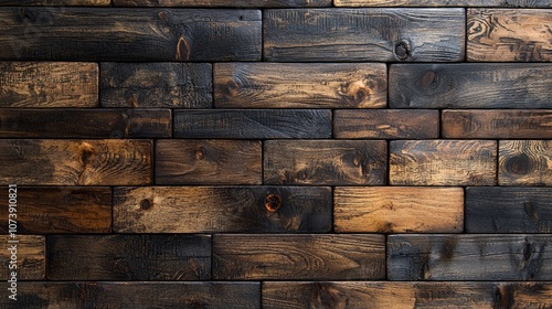 A textured wooden wall featuring dark and light stained planks arranged in a pattern.