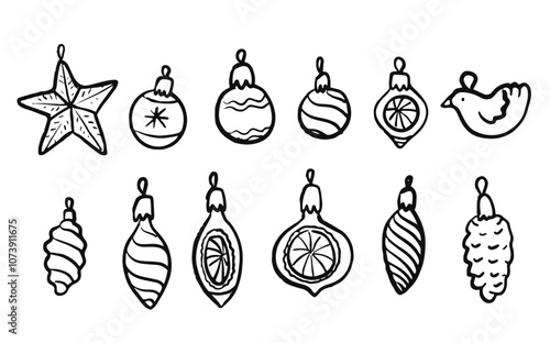 Vintage Christmas baubles. Set of hand drawn festive decoration. Christmas bauble in the shape of pinecone, star, and bird. Black and white colours illustration.