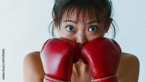 Asian female boxer or fighter, copy space, surprise photo