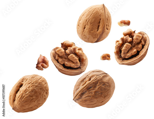 Falling walnuts isolated on white background, cutout 