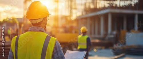 Architecture engineering teamwork meeting at workplace concept. engineer architect wearing safety helmet meeting at contruction site. working contruction on site plans to build high-rise buildings
