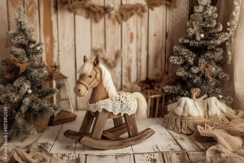 A cozy winter scene featuring a wooden rocking horse surrounded by evergreen decorations photo