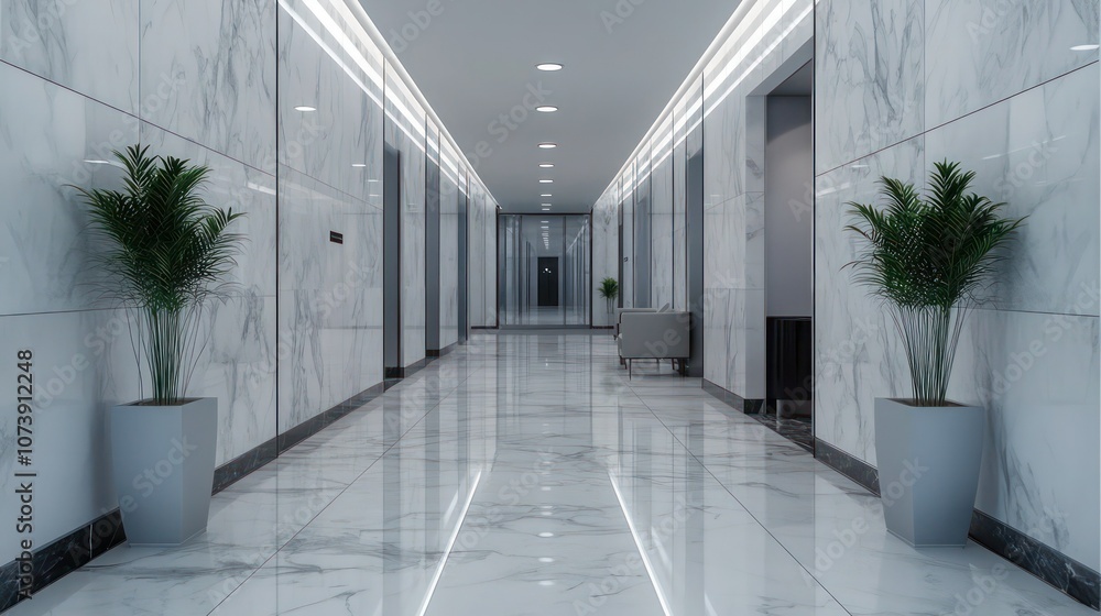 A sleek lobby corridor with polished marble tiles and recessed modern lighting, minimal furnishings creating a clean, open space perfect for a professional environment. A sleek lobby corridor with polished marble tiles and recessed modern lighting, minimal furnishings creating a clean, open space perfect for a professional environment.